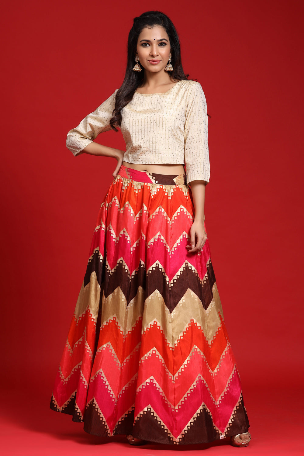 Juniper Women`s Coral Silk Crepe Printed Flared Lehenga Choli Sets | Grocsy