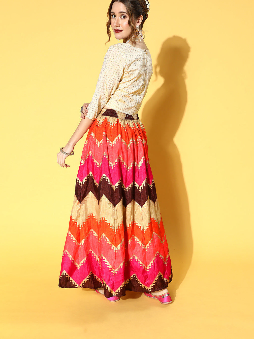 Juniper Women Coral Silk Crepe Printed Flared Lehenga Choli Sets | Grocsy