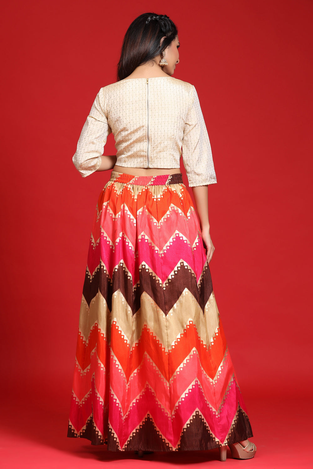 Juniper Women`s Coral Silk Crepe Printed Flared Lehenga Choli Sets | Grocsy