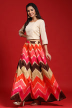 Juniper Women`s Coral Silk Crepe Printed Flared Lehenga Choli Sets | Grocsy