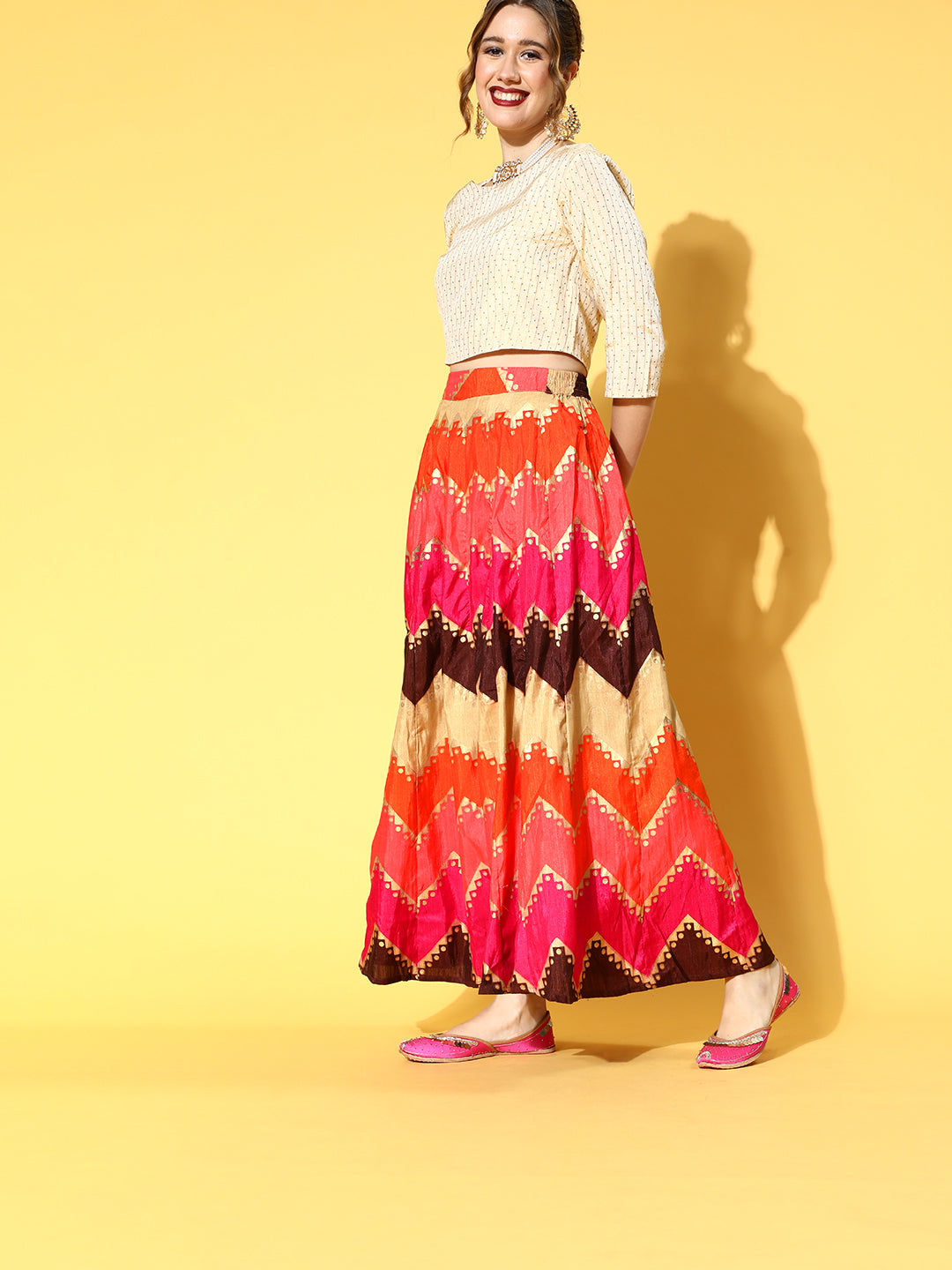 Juniper Women Coral Silk Crepe Printed Flared Lehenga Choli Sets | Grocsy