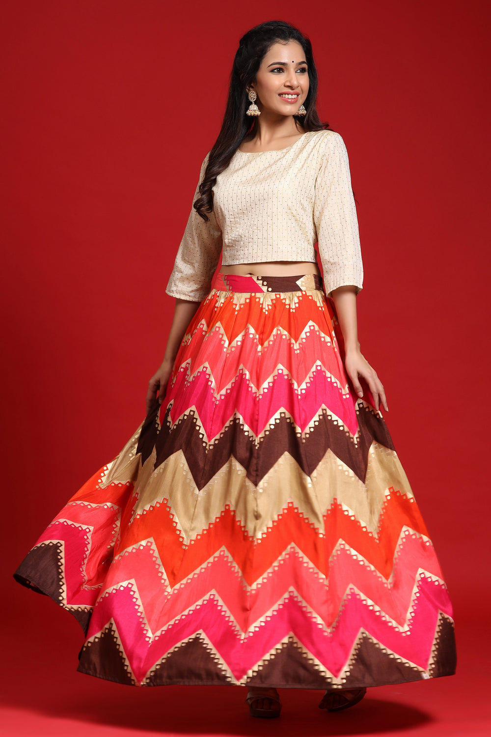 Juniper Women`s Coral Silk Crepe Printed Flared Lehenga Choli Sets | Grocsy
