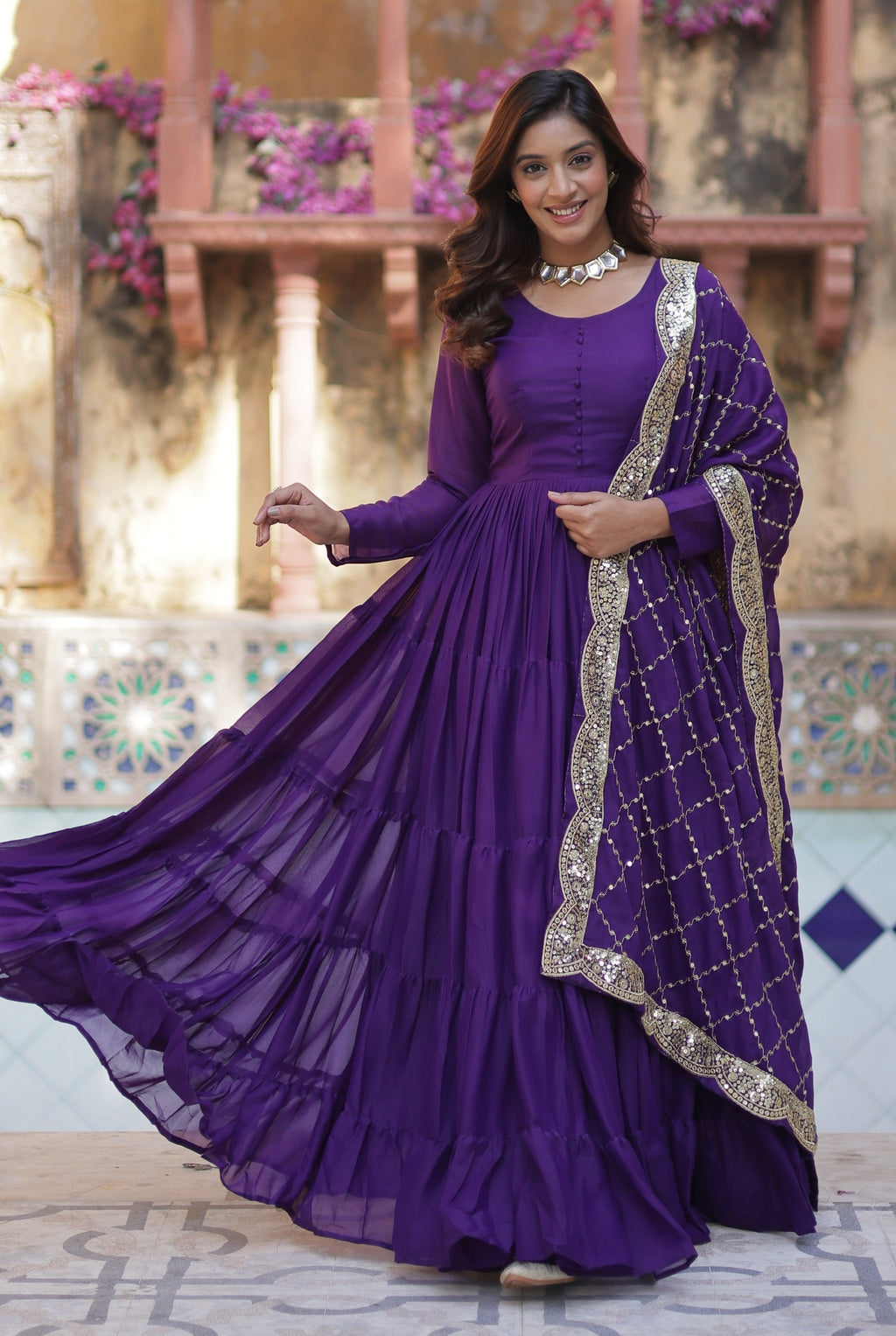 Vedant Vastram Heavy Embroidery & Sequins Work Pure Georgette Gown With Dupatta - Violet | Grocsy