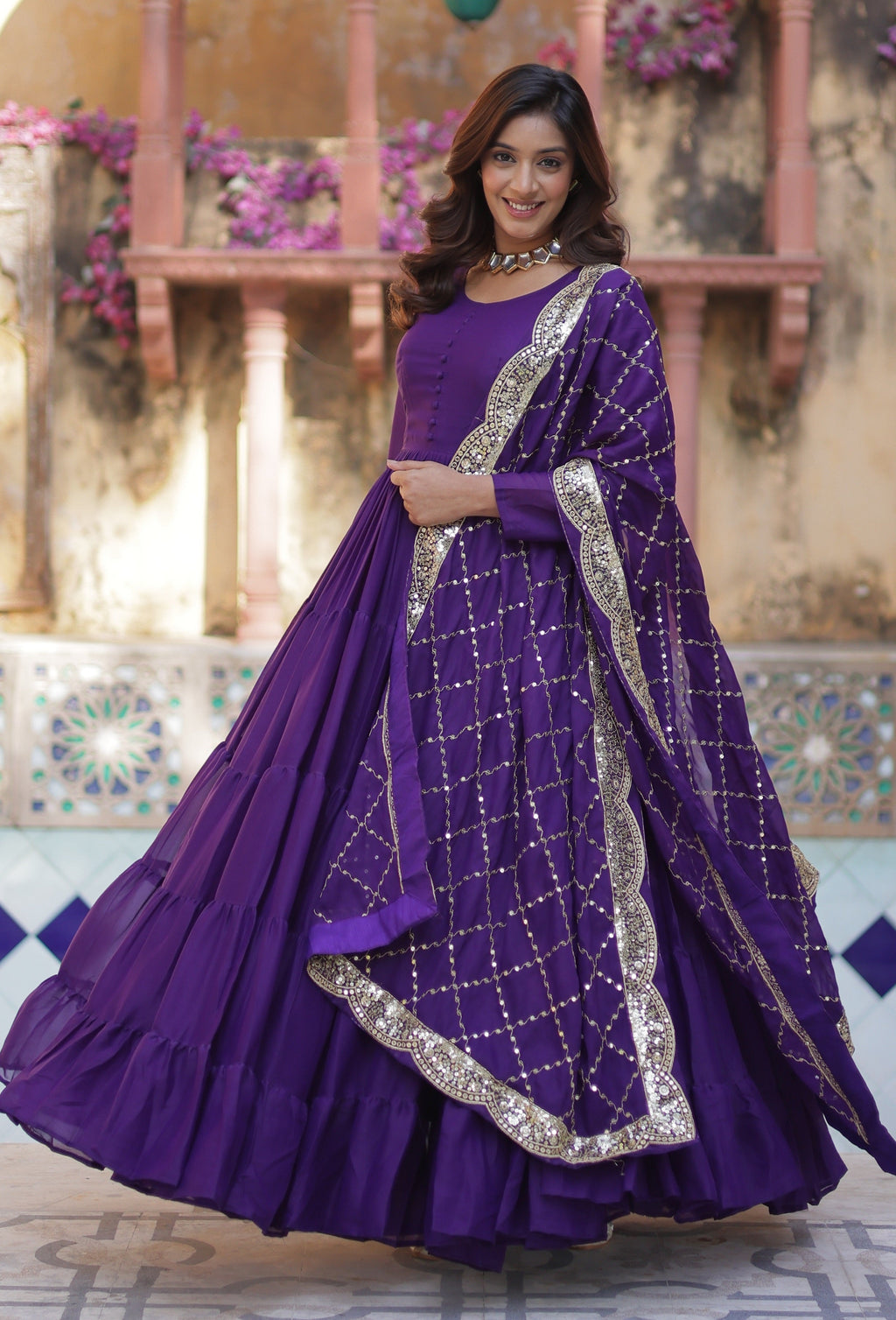 Vedant Vastram Heavy Embroidery & Sequins Work Pure Georgette Gown With Dupatta - Violet | Grocsy