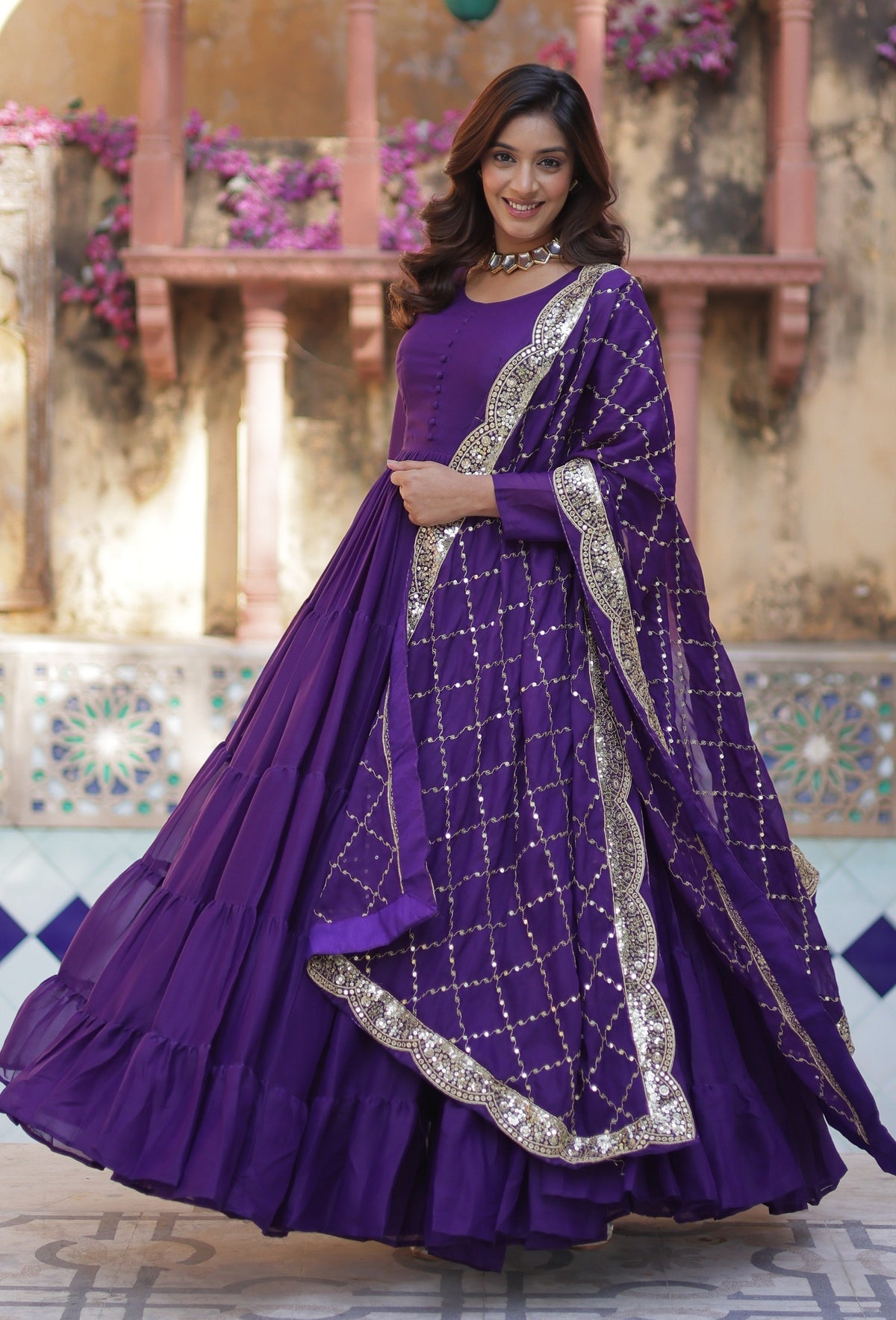 Vedant Vastram Heavy Embroidery & Sequins Work Pure Georgette Gown With Dupatta - Violet | Grocsy