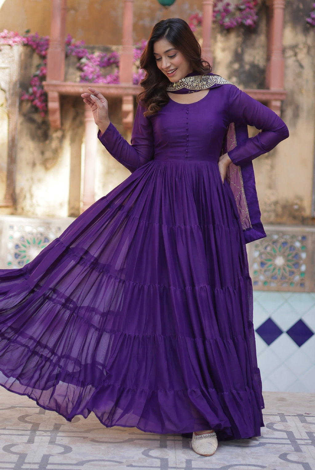 Vedant Vastram Heavy Embroidery & Sequins Work Pure Georgette Gown With Dupatta - Violet | Grocsy