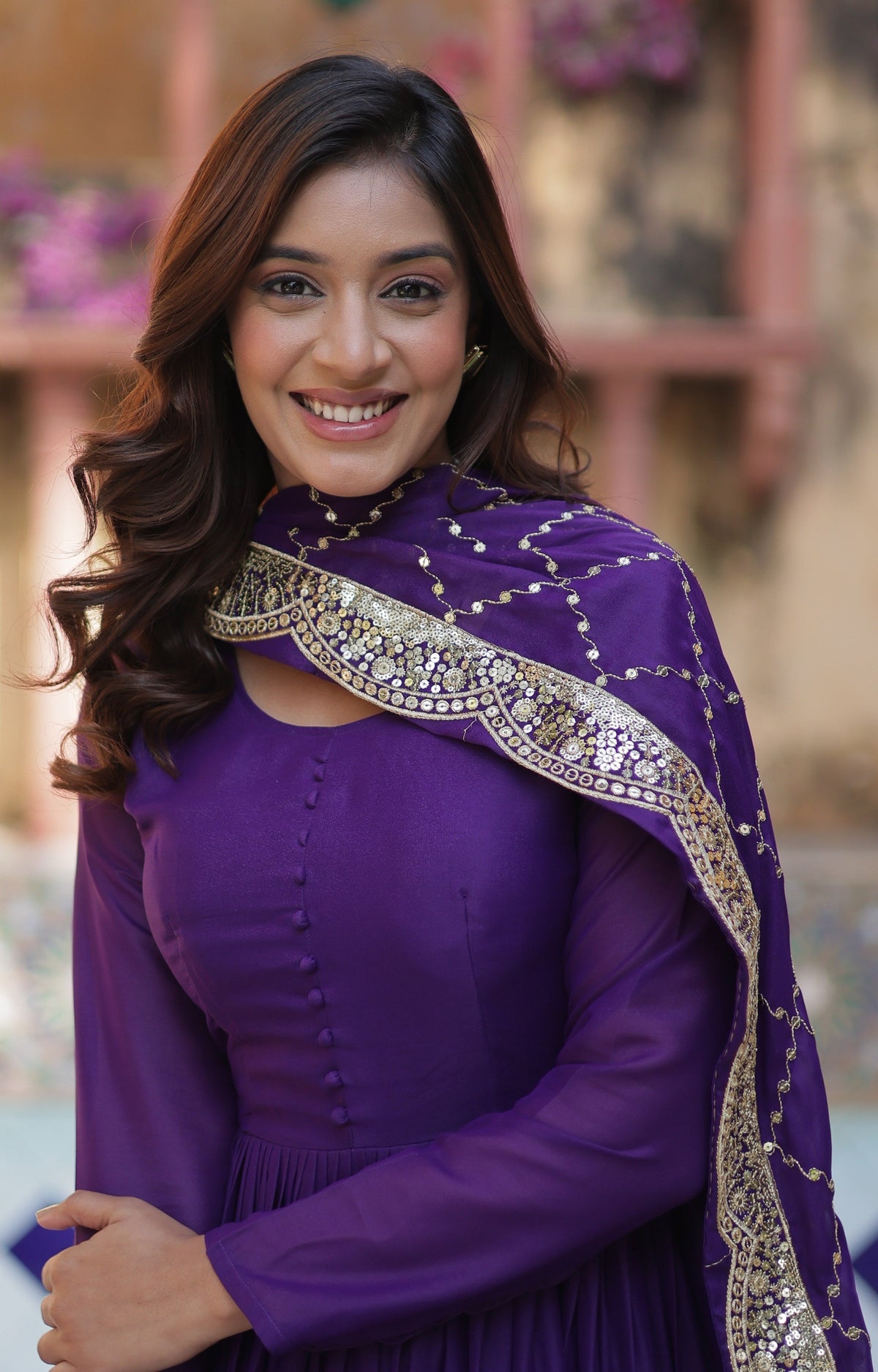 Vedant Vastram Heavy Embroidery & Sequins Work Pure Georgette Gown With Dupatta - Violet | Grocsy