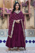 Vedant Vastram Heavy Embroidery & Sequins Work Pure Georgette Gown With Dupatta - Wine | Grocsy
