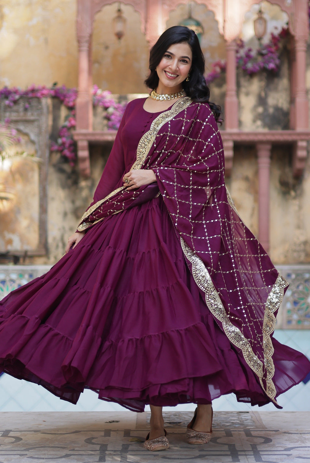 Vedant Vastram Heavy Embroidery & Sequins Work Pure Georgette Gown With Dupatta - Wine | Grocsy