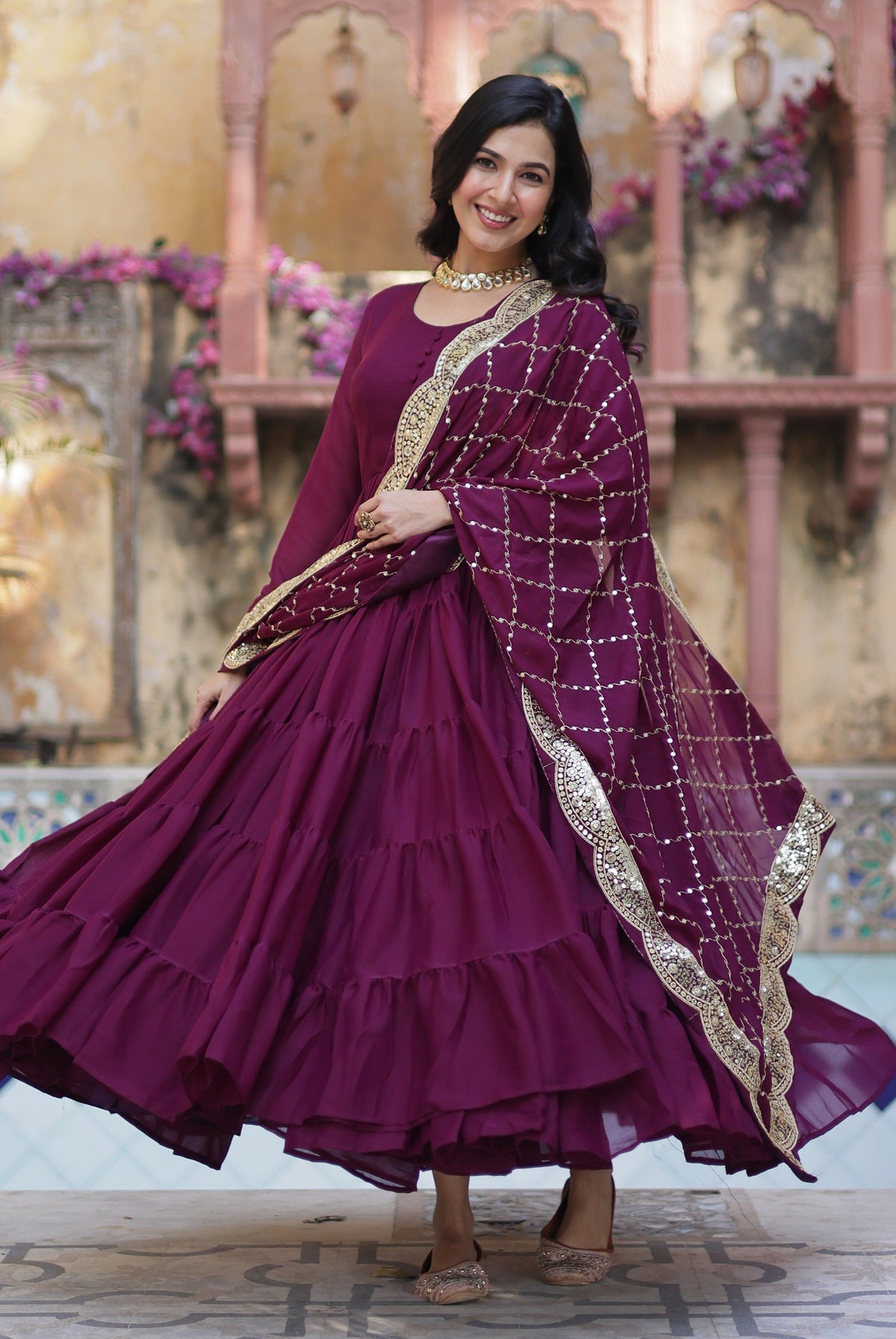 Vedant Vastram Heavy Embroidery & Sequins Work Pure Georgette Gown With Dupatta - Wine | Grocsy