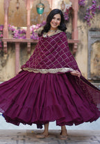 Vedant Vastram Heavy Embroidery & Sequins Work Pure Georgette Gown With Dupatta - Wine | Grocsy
