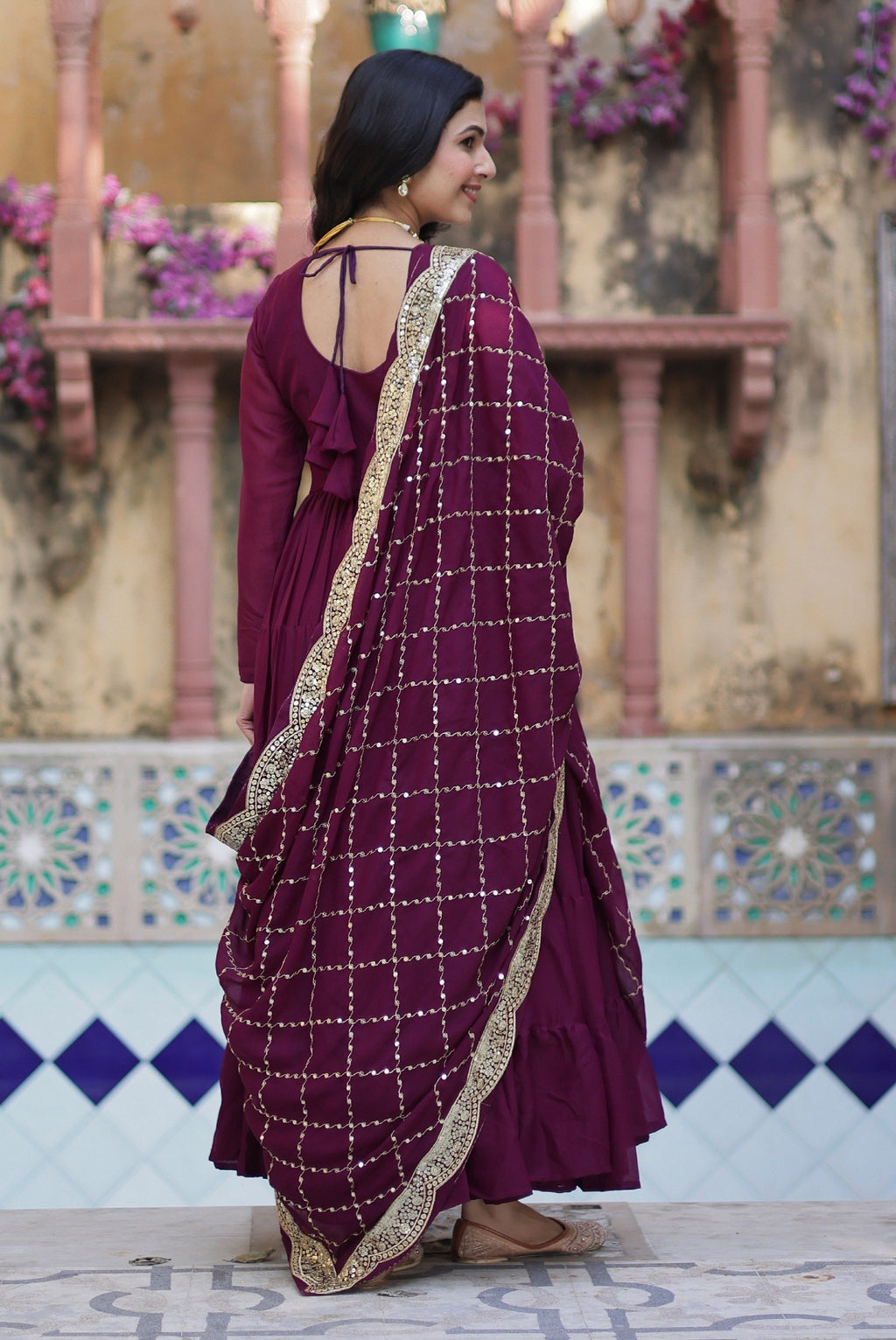 Vedant Vastram Heavy Embroidery & Sequins Work Pure Georgette Gown With Dupatta - Wine | Grocsy