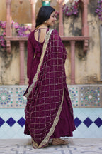 Vedant Vastram Heavy Embroidery & Sequins Work Pure Georgette Gown With Dupatta - Wine | Grocsy
