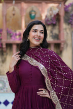 Vedant Vastram Heavy Embroidery & Sequins Work Pure Georgette Gown With Dupatta - Wine | Grocsy