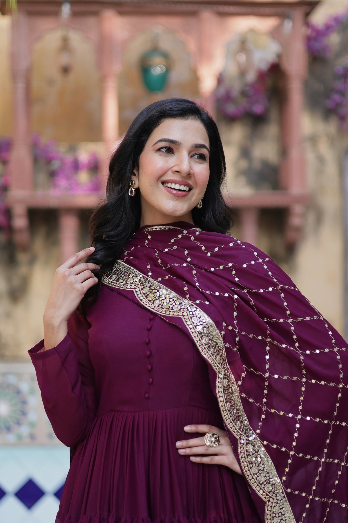 Vedant Vastram Heavy Embroidery & Sequins Work Pure Georgette Gown With Dupatta - Wine | Grocsy