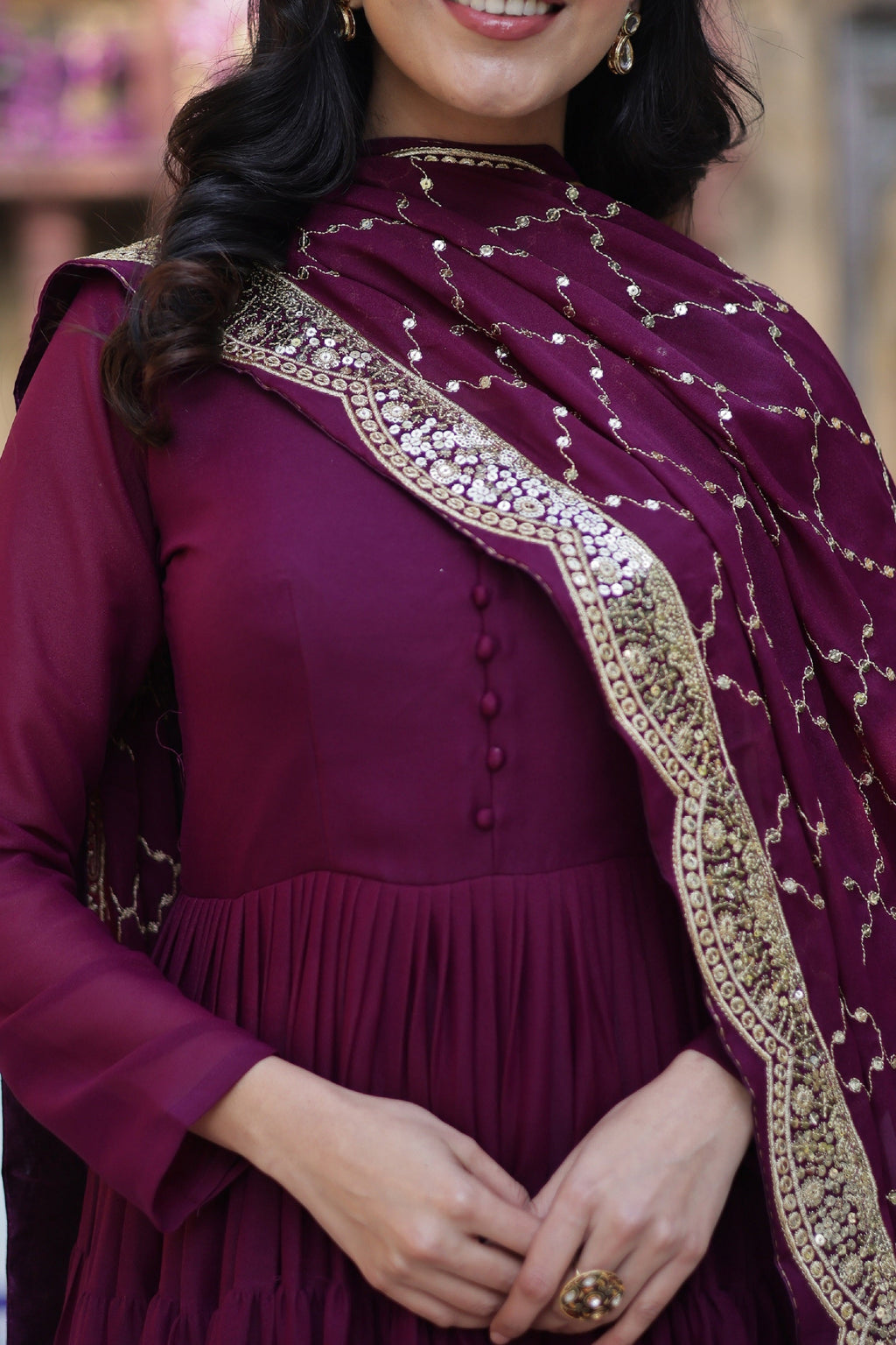 Vedant Vastram Heavy Embroidery & Sequins Work Pure Georgette Gown With Dupatta - Wine | Grocsy