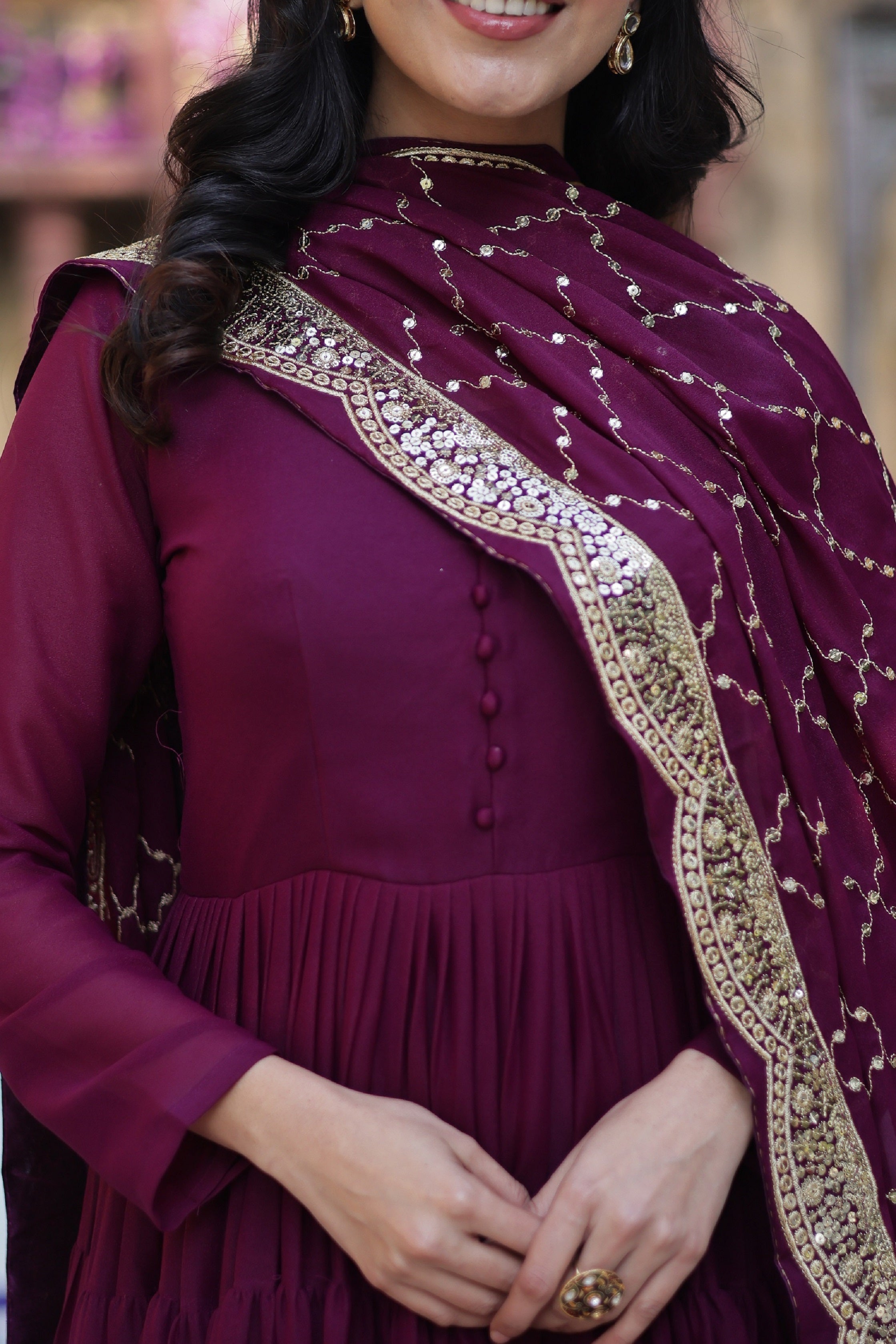 Vedant Vastram Heavy Embroidery & Sequins Work Pure Georgette Gown With Dupatta - Wine | Grocsy