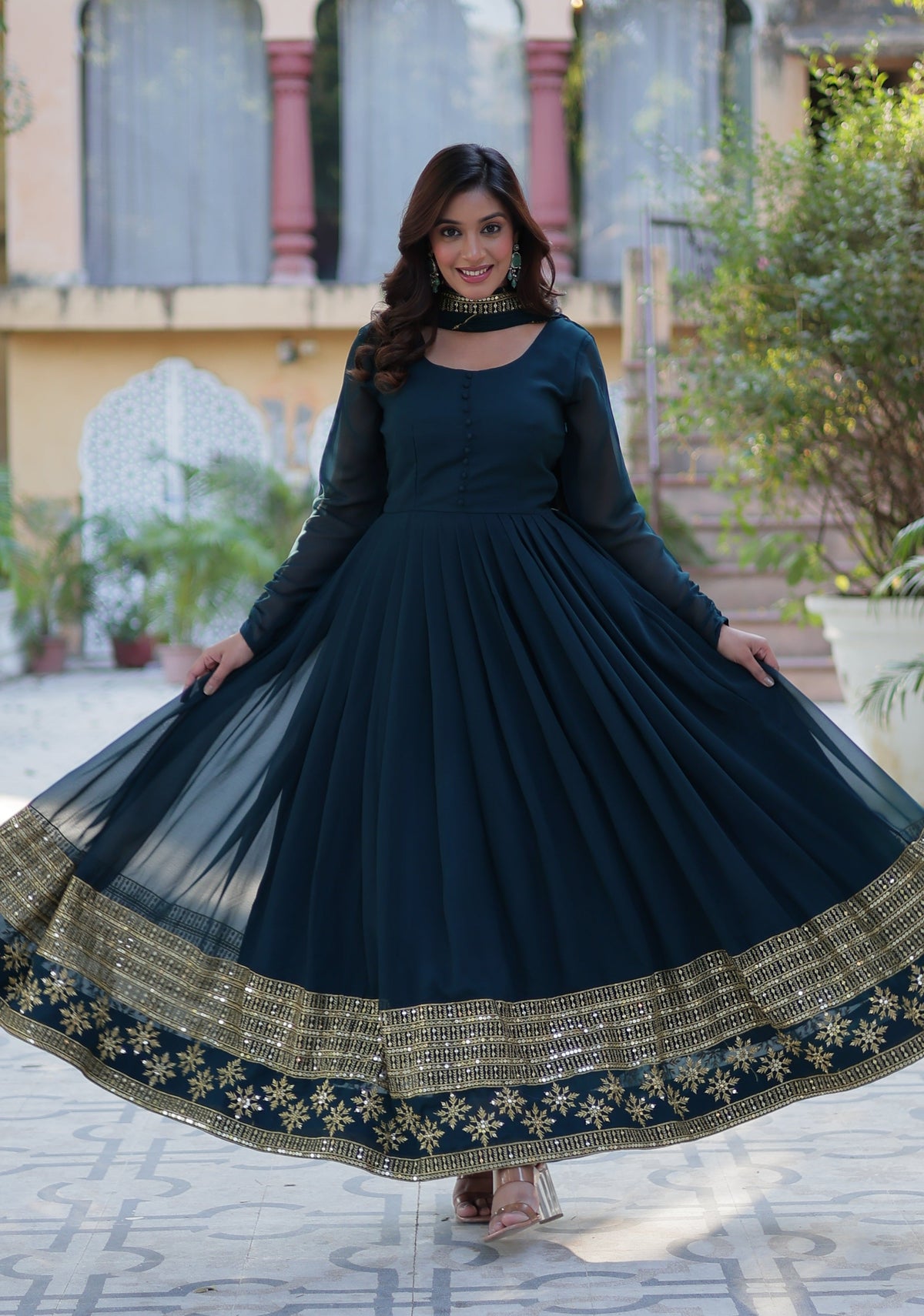 Vedant Vastram Heavy Embroidery & Sequins Work Pure Georgette Gown With Dupatta - Rama Blue | Grocsy