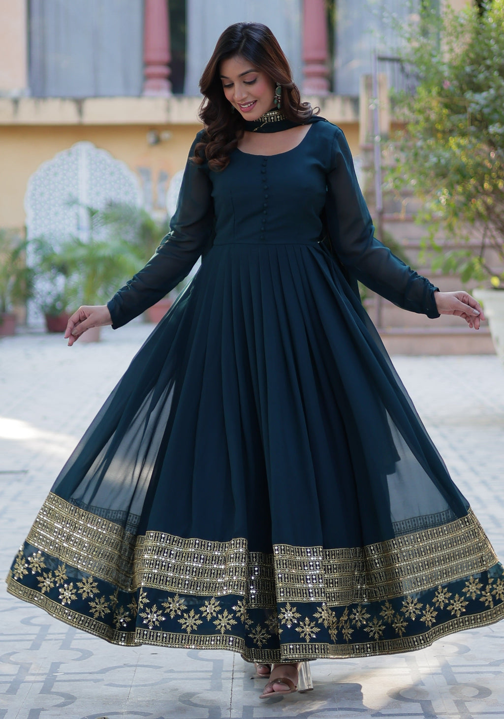 Vedant Vastram Heavy Embroidery & Sequins Work Pure Georgette Gown With Dupatta - Rama Blue | Grocsy