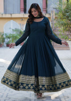 Vedant Vastram Heavy Embroidery & Sequins Work Pure Georgette Gown With Dupatta - Rama Blue | Grocsy