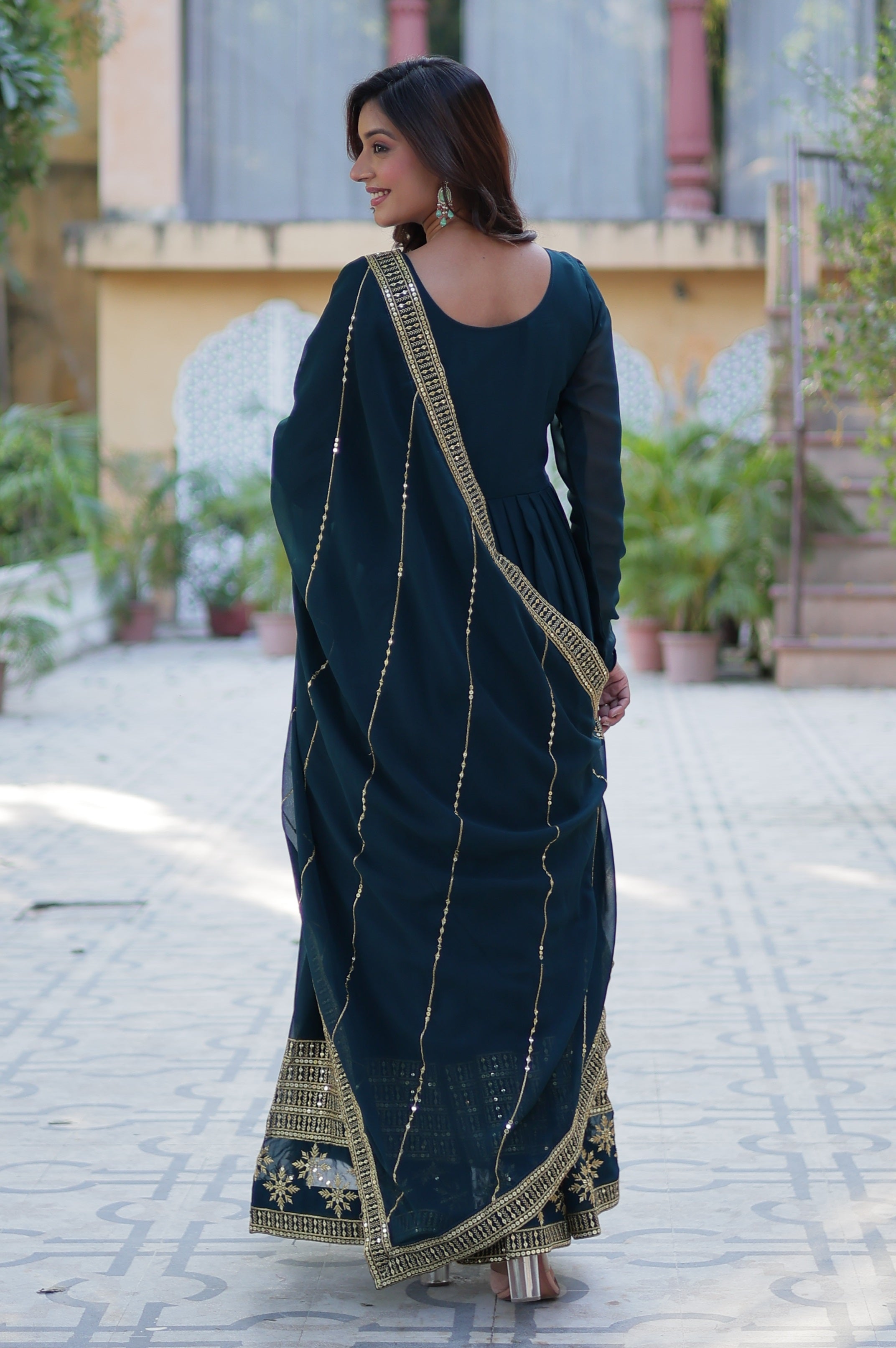Vedant Vastram Heavy Embroidery & Sequins Work Pure Georgette Gown With Dupatta - Rama Blue | Grocsy
