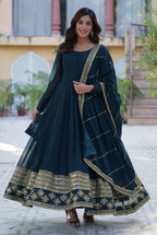 Vedant Vastram Heavy Embroidery & Sequins Work Pure Georgette Gown With Dupatta - Rama Blue | Grocsy