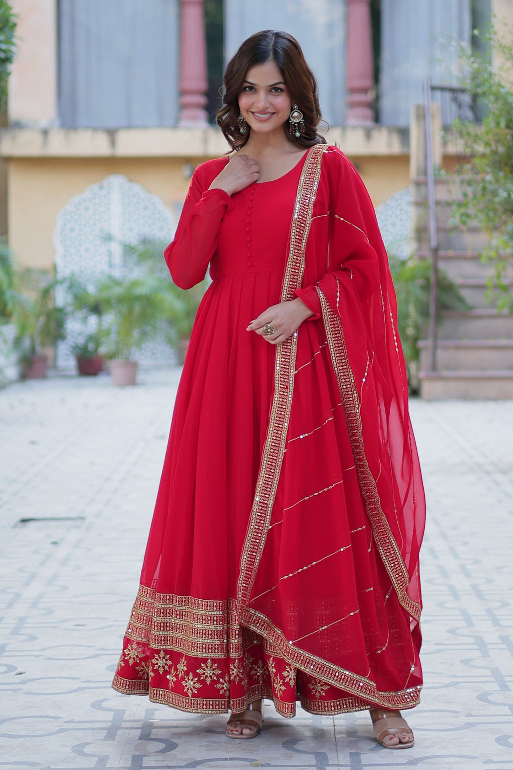 Vedant Vastram Heavy Embroidery & Sequins Work Pure Georgette Gown With Dupatta - Red | Grocsy