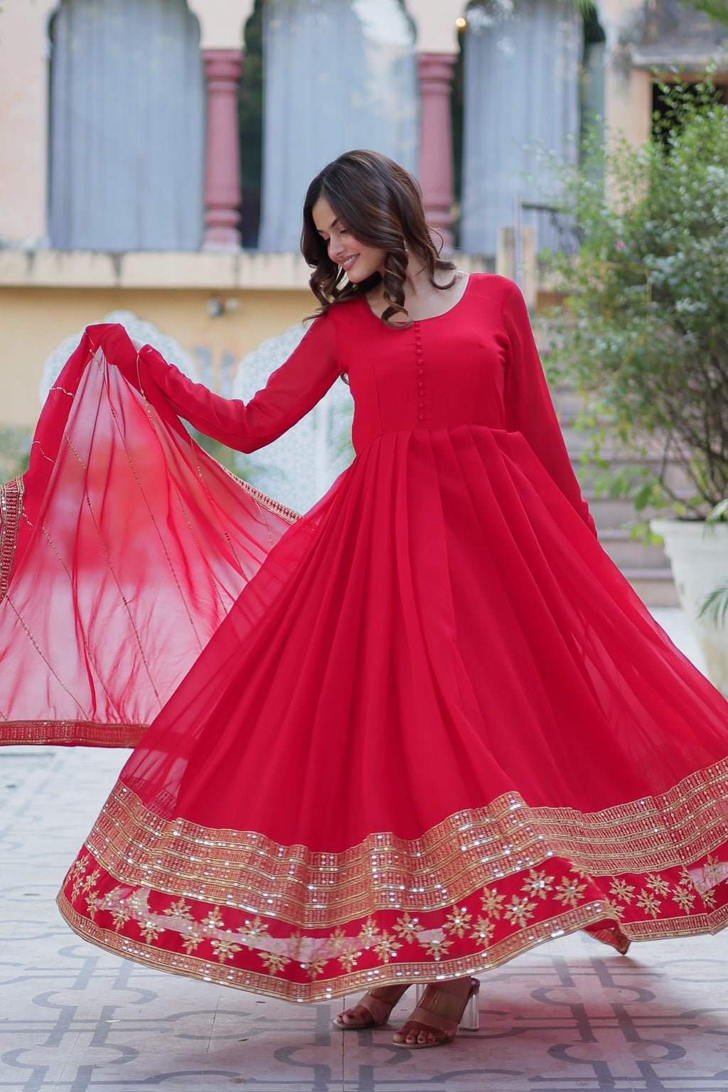 Vedant Vastram Heavy Embroidery & Sequins Work Pure Georgette Gown With Dupatta - Red | Grocsy