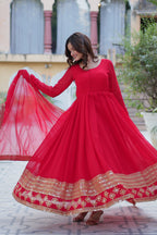 Vedant Vastram Heavy Embroidery & Sequins Work Pure Georgette Gown With Dupatta - Red | Grocsy