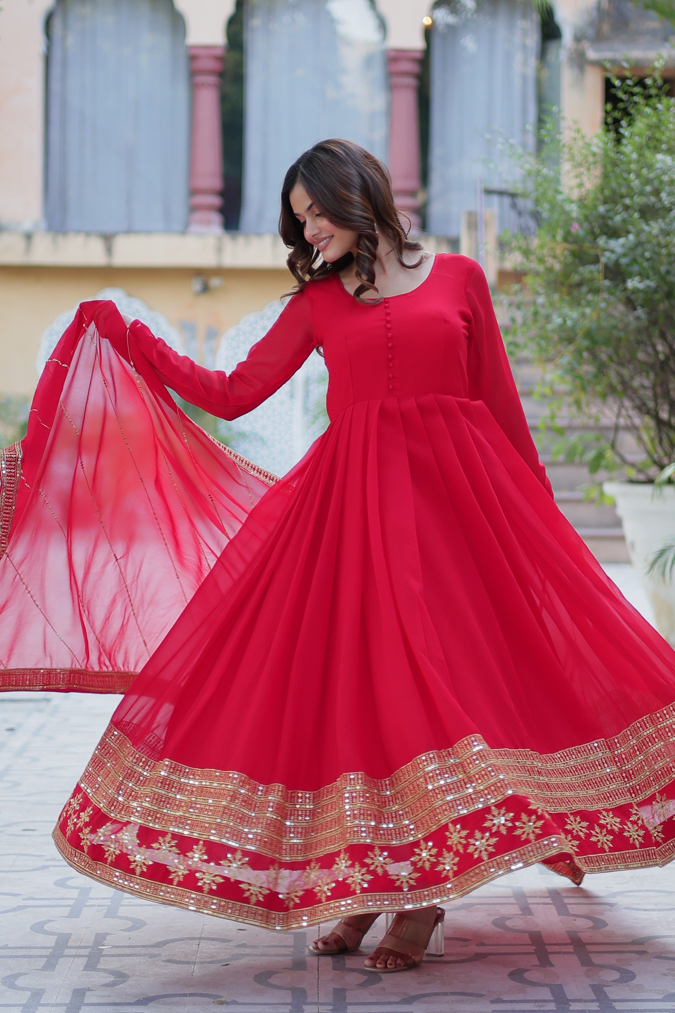 Vedant Vastram Heavy Embroidery & Sequins Work Pure Georgette Gown With Dupatta - Red | Grocsy
