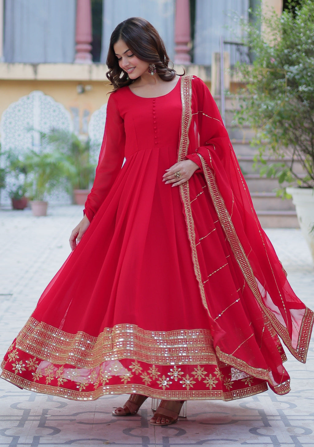 Vedant Vastram Heavy Embroidery & Sequins Work Pure Georgette Gown With Dupatta - Red | Grocsy