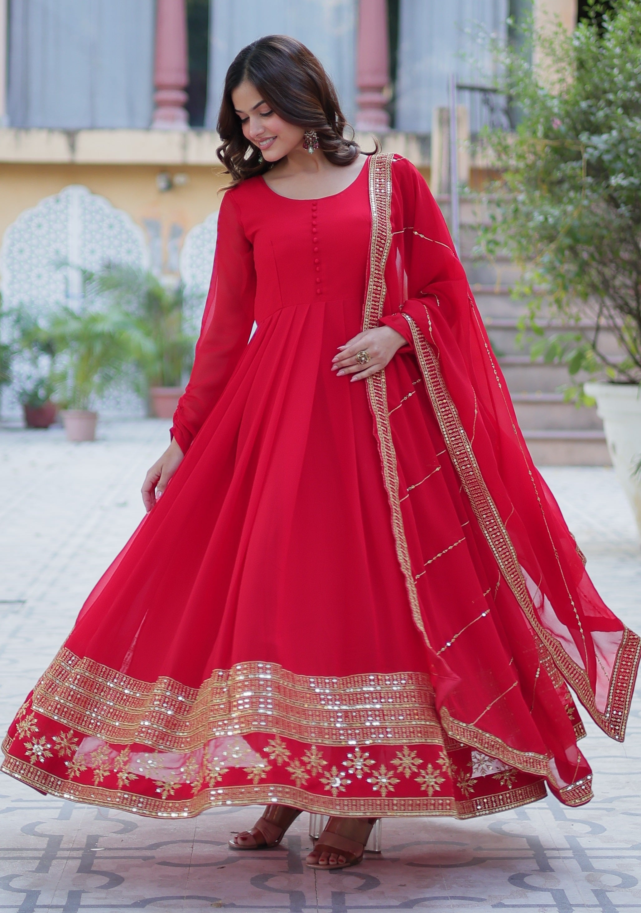 Vedant Vastram Heavy Embroidery & Sequins Work Pure Georgette Gown With Dupatta - Red | Grocsy