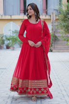 Vedant Vastram Heavy Embroidery & Sequins Work Pure Georgette Gown With Dupatta - Red | Grocsy