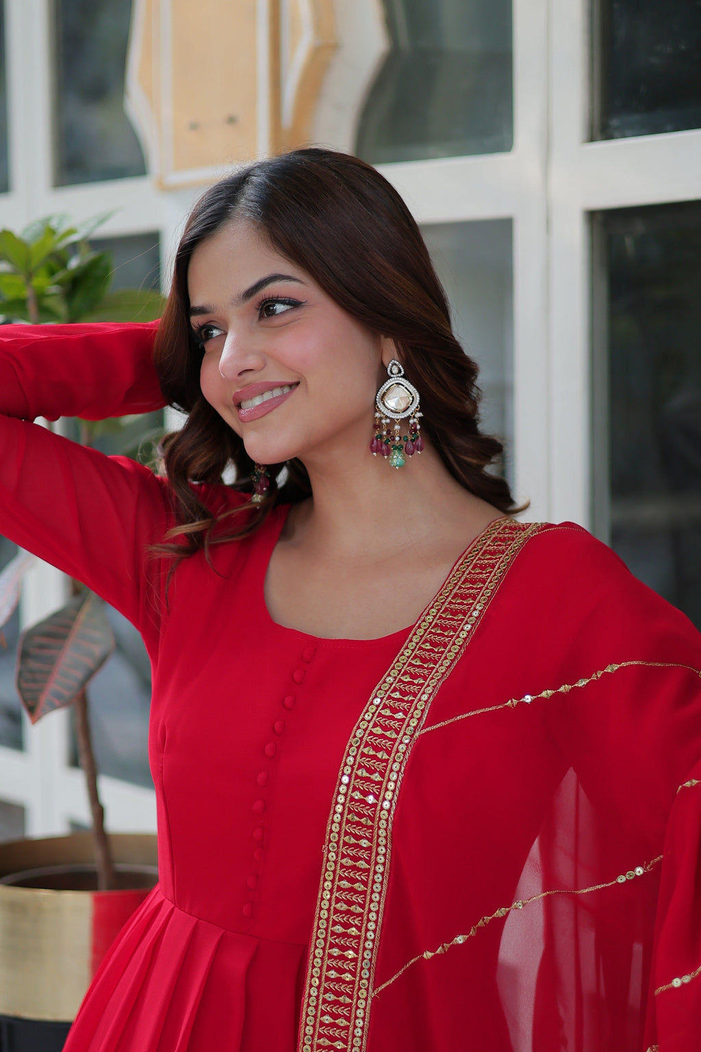 Vedant Vastram Heavy Embroidery & Sequins Work Pure Georgette Gown With Dupatta - Red | Grocsy