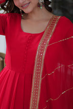 Vedant Vastram Heavy Embroidery & Sequins Work Pure Georgette Gown With Dupatta - Red | Grocsy