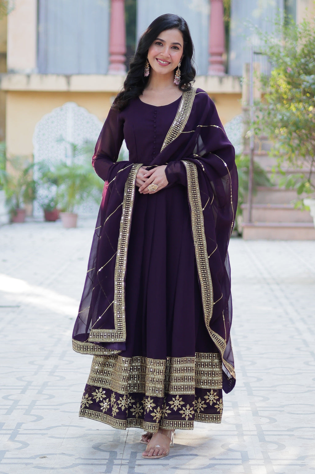 Vedant Vastram Heavy Embroidery & Sequins Work Pure Georgette Gown With Dupatta - Wine | Grocsy