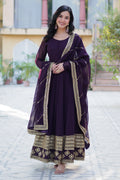 Vedant Vastram Heavy Embroidery & Sequins Work Pure Georgette Gown With Dupatta - Wine | Grocsy