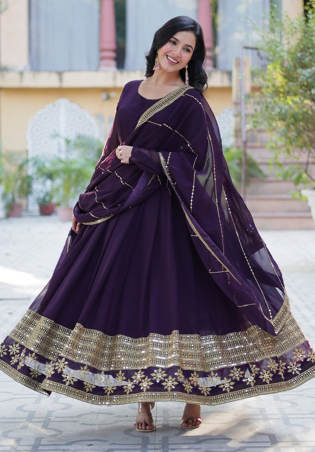 Vedant Vastram Heavy Embroidery & Sequins Work Pure Georgette Gown With Dupatta - Wine | Grocsy