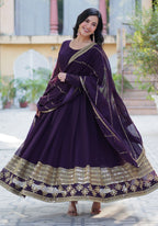 Vedant Vastram Heavy Embroidery & Sequins Work Pure Georgette Gown With Dupatta - Wine | Grocsy