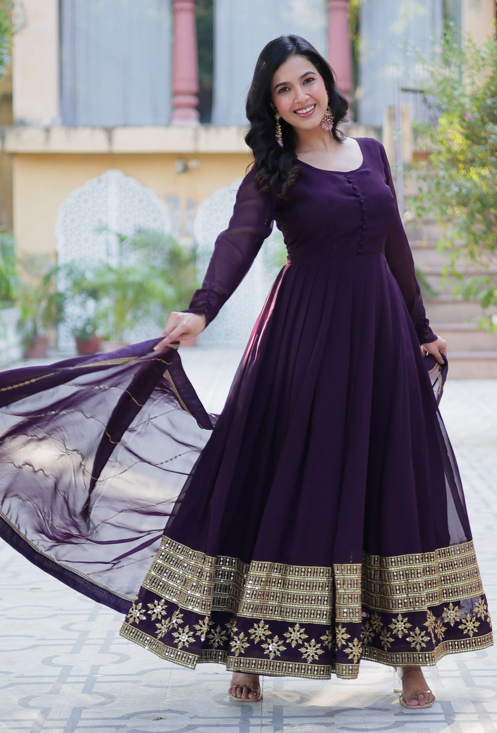 Vedant Vastram Heavy Embroidery & Sequins Work Pure Georgette Gown With Dupatta - Wine | Grocsy