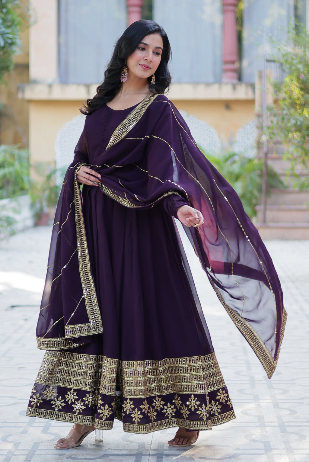 Vedant Vastram Heavy Embroidery & Sequins Work Pure Georgette Gown With Dupatta - Wine | Grocsy
