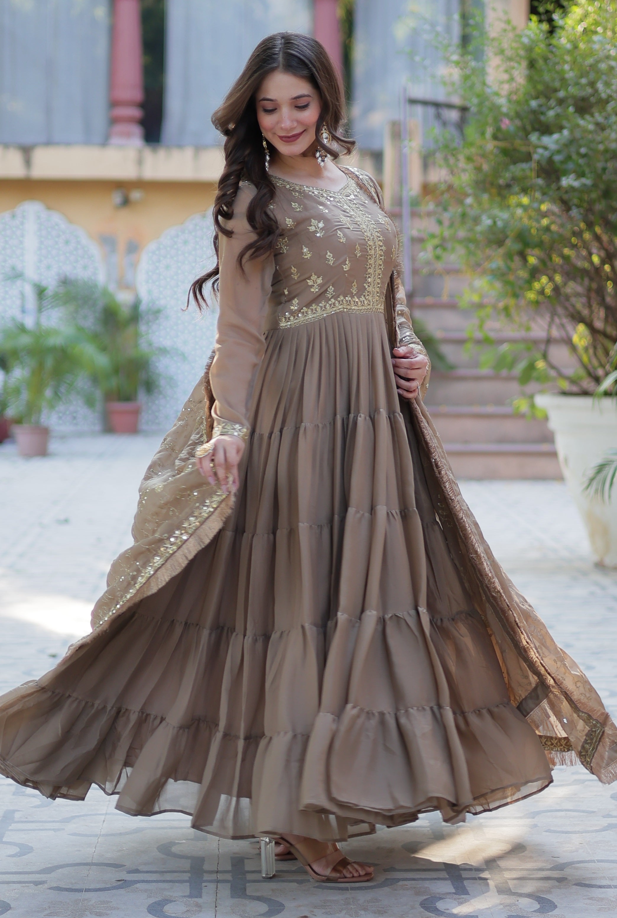 Vedant Vastram Heavy Embroidery & Sequins Work Pure Georgette Gown With Dupatta - Beige | Grocsy