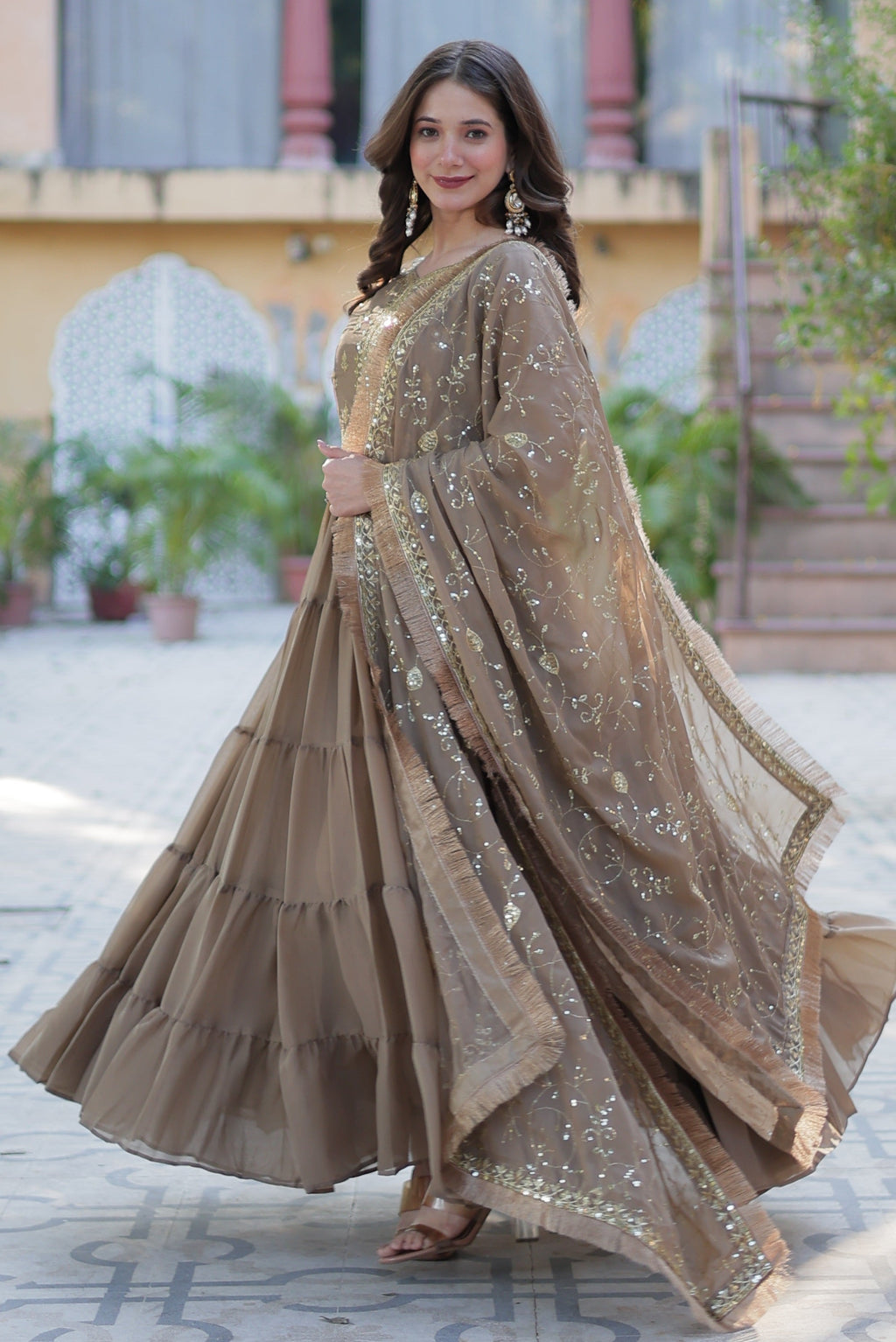 Vedant Vastram Heavy Embroidery & Sequins Work Pure Georgette Gown With Dupatta - Beige | Grocsy