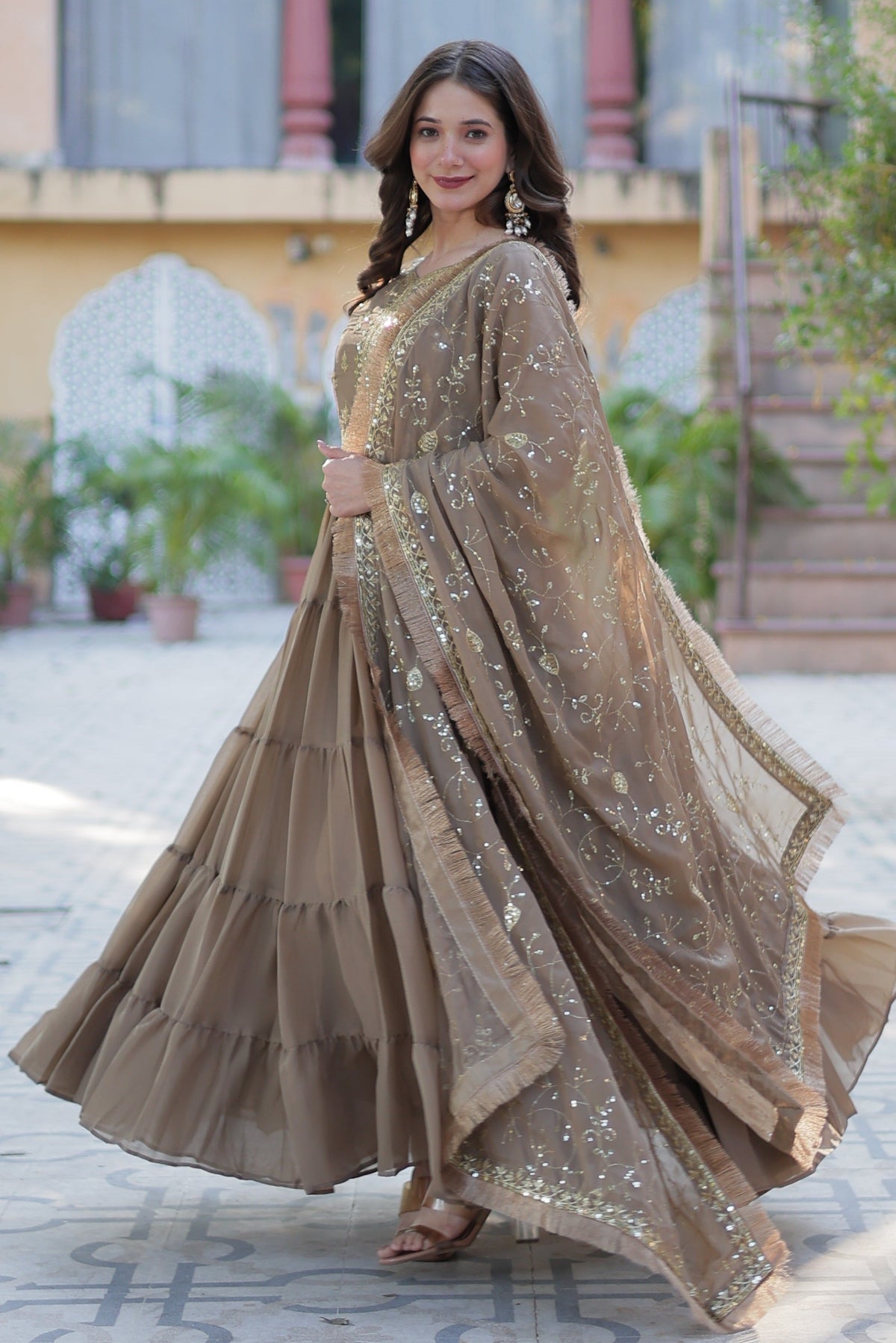 Vedant Vastram Heavy Embroidery & Sequins Work Pure Georgette Gown With Dupatta - Beige | Grocsy
