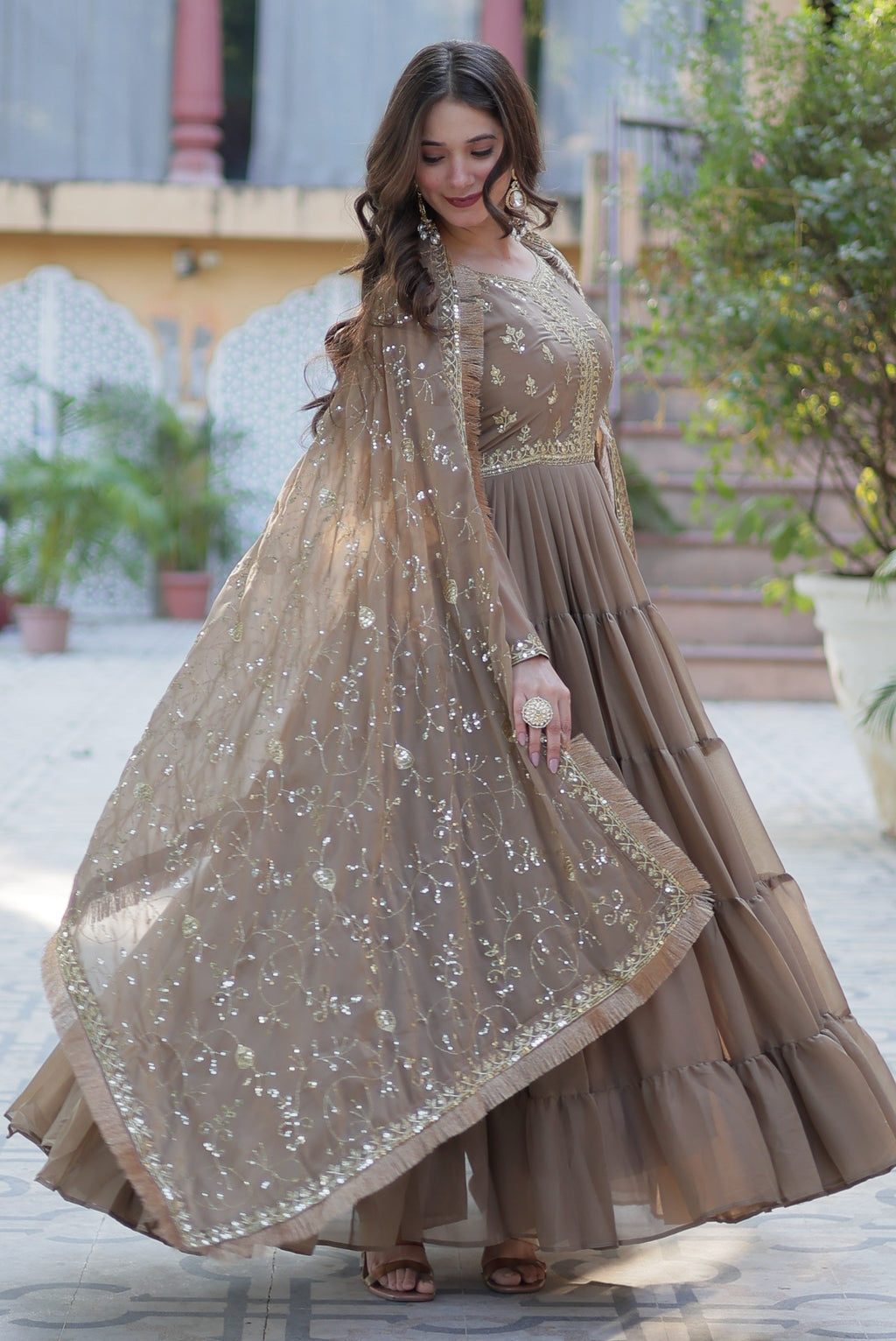 Vedant Vastram Heavy Embroidery & Sequins Work Pure Georgette Gown With Dupatta - Beige | Grocsy