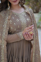 Vedant Vastram Heavy Embroidery & Sequins Work Pure Georgette Gown With Dupatta - Beige | Grocsy