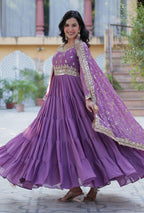 Vedant Vastram Heavy Embroidery & Sequins Work Pure Georgette Gown With Dupatta - Light Violet | Grocsy