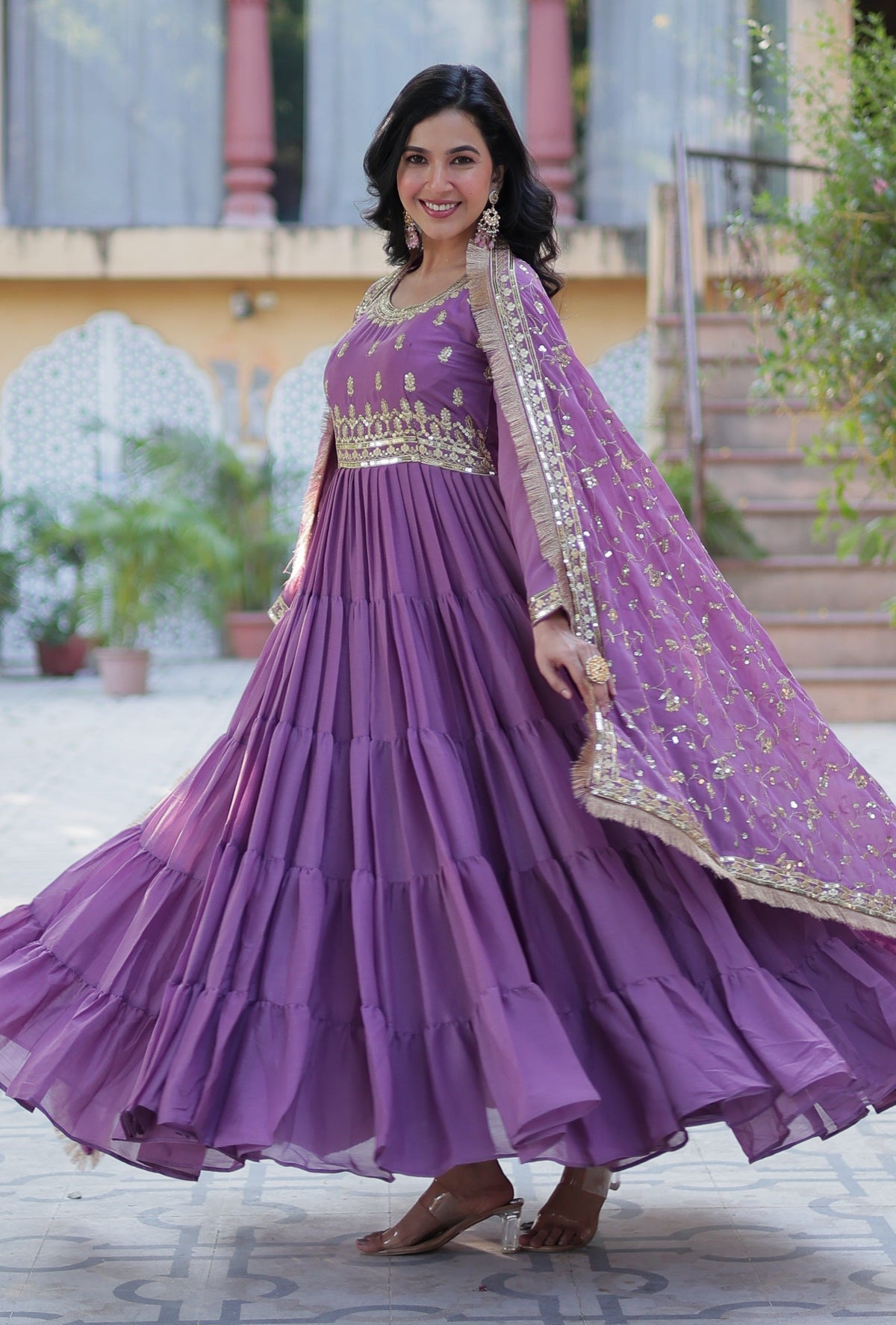 Vedant Vastram Heavy Embroidery & Sequins Work Pure Georgette Gown With Dupatta - Light Violet | Grocsy