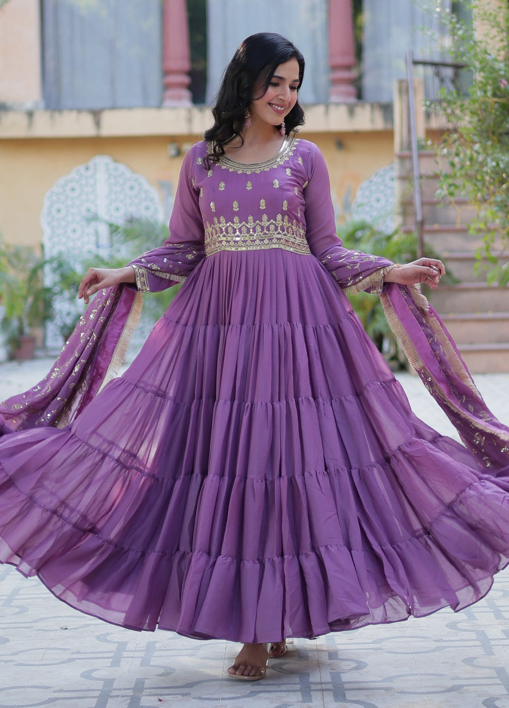 Vedant Vastram Heavy Embroidery & Sequins Work Pure Georgette Gown With Dupatta - Light Violet | Grocsy