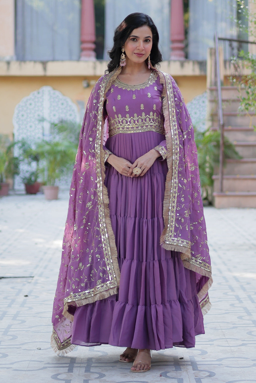 Vedant Vastram Heavy Embroidery & Sequins Work Pure Georgette Gown With Dupatta - Light Violet | Grocsy